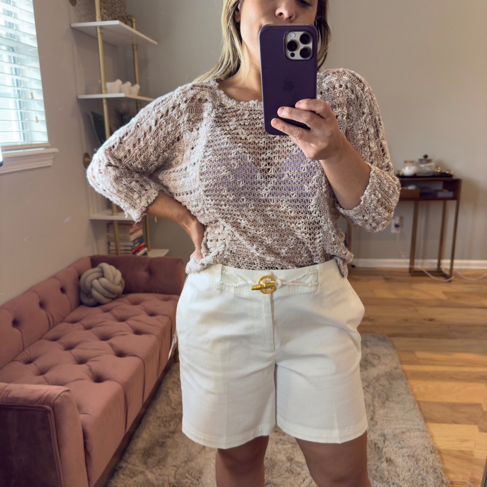 Cynthia Rowley Open Knit Sweater Tan/White Boho Chic Cotton Blend Womens M